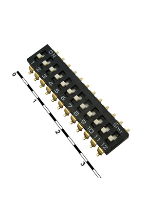 SWD 4-12, DIP-переключатель RUICHI, серия SWD 4-12, 30 мОм, 12 (ON-OFF) с шагом 2,54 мм, 4.45х31.44х