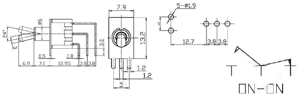 MTS-102-C4-R, миниатюрный тумблер угловой ON-ON 3 контакта на плату, красный