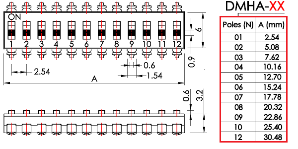 DMHA-02G-G, DIP переключатель 2 поз. SMD 2.54мм (аналог для SWD4-2)
