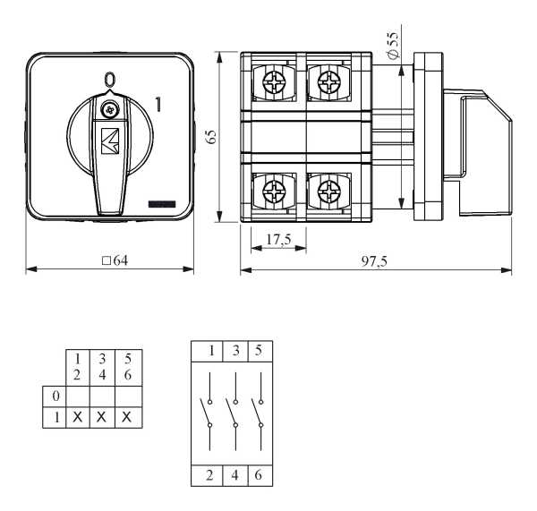 PSA050AK331S, Переключатель двухпозиционный (0-1), 3 полюса, 50А