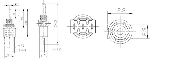 MTS-103-A2-R, миниатюрный тумблер ON-OFF-ON, 3 контакта на плату, красный