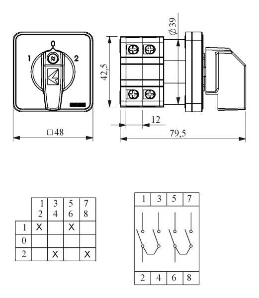 PSA025KD234S, Переключатель полюсов реверс. двухфазный (1-0-2) 25А