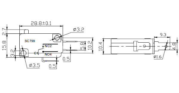 SC799-520, микропереключатель 3 контакта 250В 16А (520), пластина с роликом 30мм