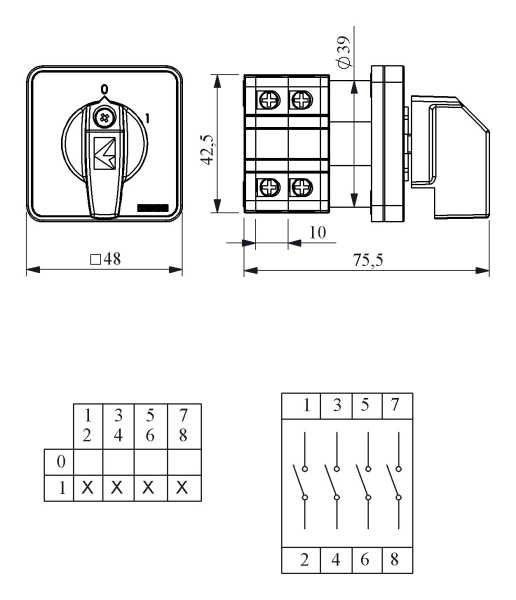 PSA016AK431S, Переключатель двухпозиционный (0-1), 4 полюса, 16А