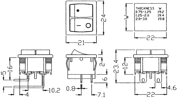 JS-606QB2BBOT-G, переключатель клавишный 2xON-ON 250B 10A (аналог для R13-66)