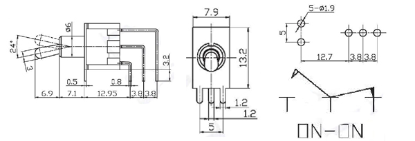 MTS-103-C4-R, миниатюрный тумблер угл. ON-OFF-ON, 3 контакта на плату, красный