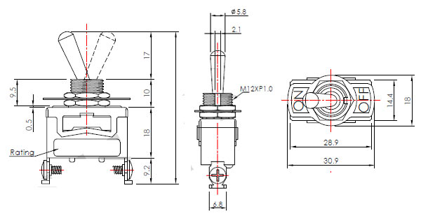 T901A5-W112-G, переключатель 250В 15мА SPST 28*14,4 2 контакта винт