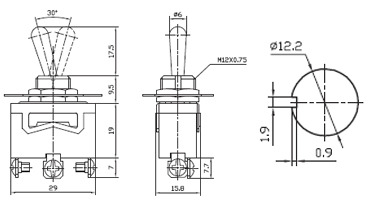 KN3C-102A, тумблер ON-ON, 3 винтовых контакта 10А 250В