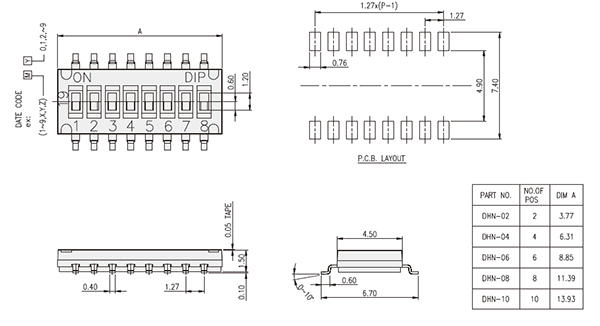 DHN-08-T-V, DIP переключатель 8 поз. SMD 1.27мм (NHDS-08)