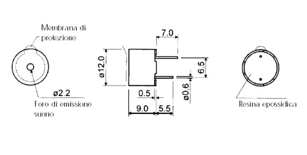 HCM1212A, электромагнитный генератор звука 12В, 60мА, 2.4 кГц, 85дБ, d=12