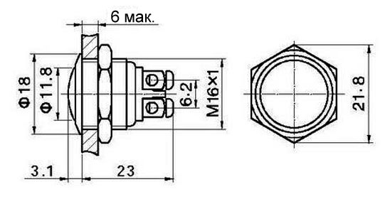 L-KLS7-PBS-M16-01D, кнопка металл OFF-(ON) 36В 2А D=18мм винтовые клеммы
